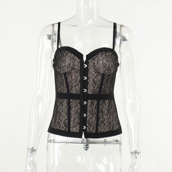 Lace Hook and Buckle Fishbone Waist Strap Sexy Spice Slim Show Chest Print Top
