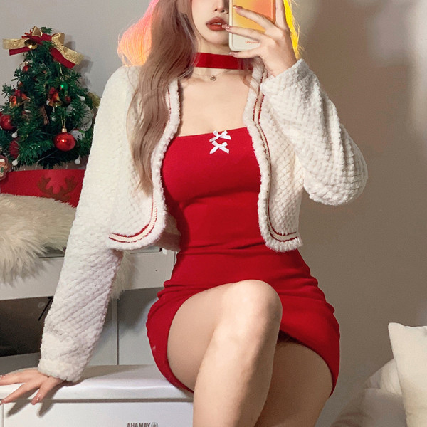 Women's solid color slim long sleeve cardigan Christmas fashion neck dress