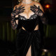 One shoulder sexy show chest hollowed out Korean velvet high slit tunic lace dress