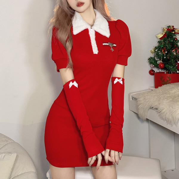 Women's solid color slim high waist fashion lapel short sleeve Christmas dress