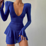 Women's fashion temperament U-neck sexy low chest flare sleeve ruffle dress