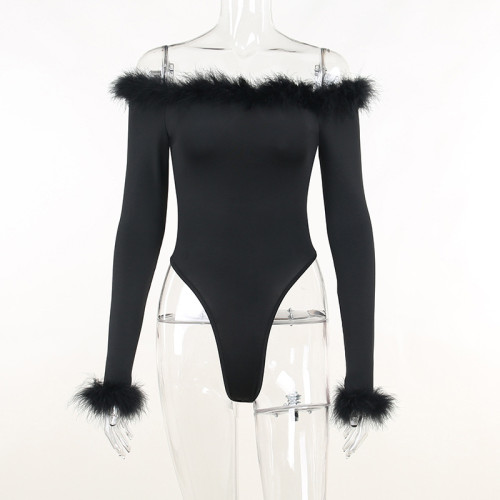 Sexy Slim Wool Off Shoulder Long Sleeve Bodysuit Design Long Sleeve Top