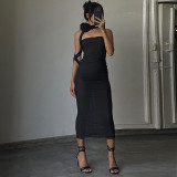 Rose ribbon strapless dress Slim fitting party party dress