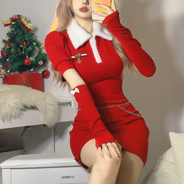 Women's solid color slim high waist fashion lapel short sleeve Christmas dress