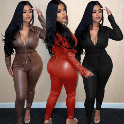 Solid winter PU leather long sleeve jumpsuit