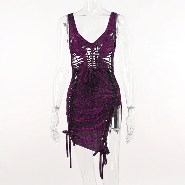 Slim flash hollow suspender dress sexy trend lace up split hip wrap dress