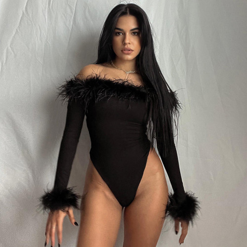 Sexy Slim Wool Off Shoulder Long Sleeve Bodysuit Design Long Sleeve Top