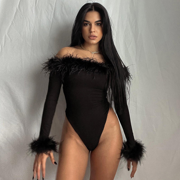 Sexy Slim Wool Off Shoulder Long Sleeve Bodysuit Design Long Sleeve Top