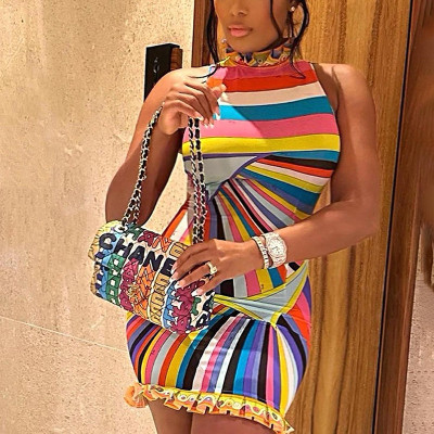 Women's fashion sweet rainbow print sleeveless slim one-piece lace skirt