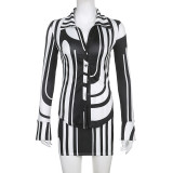Women's suit Ripple print lapel single breasted shirt top two-piece skirt