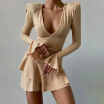 Women's fashion temperament U-neck sexy low chest flare sleeve ruffle dress Women's fashion temperament U-neck sexy low chest flare sleeve ruffle dress