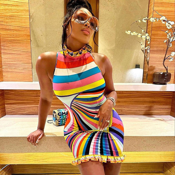 Women's fashion sweet rainbow print sleeveless slim one-piece lace skirt