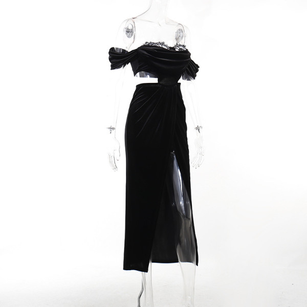 One shoulder sexy show chest hollowed out Korean velvet high slit tunic lace dress