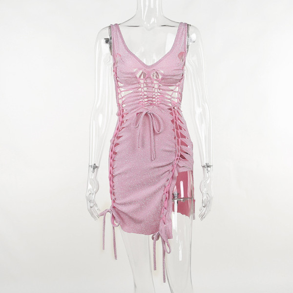 Slim flash hollow suspender dress sexy trend lace up split hip wrap dress