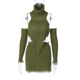 Solid color high neck knitting backless sweater+sexy tight bag hip skirt two-piece set