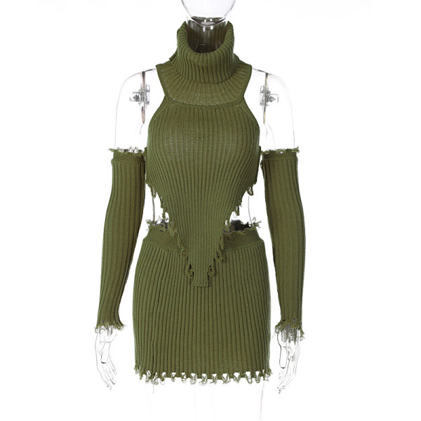 Solid color high neck knitting backless sweater+sexy tight bag hip skirt two-piece set