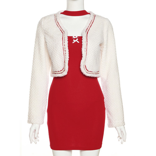 Women's solid color slim long sleeve cardigan Christmas fashion neck dress