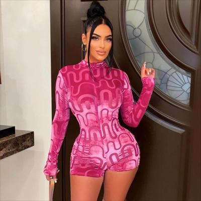 Women's velvet corrugated printing round neck invisible zipper slim long sleeve one-piece shorts