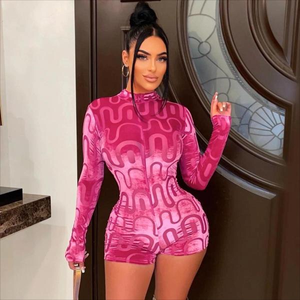 Women's velvet corrugated printing round neck invisible zipper slim long sleeve one-piece shorts