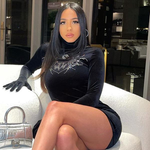 Personality Pattern Hot Drill Half High Collar Finger Sleeved Hot Girl Bodysuit Dress