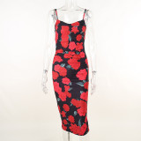 Temperament V-neck suspender vest dress sexy slim bag hip print fashion dress