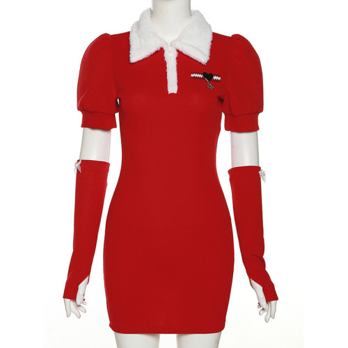 Women's solid color slim high waist fashion lapel short sleeve Christmas dress