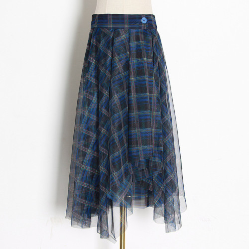 Fashionable High Waist Blue Plaid Mesh Skirt Multi layered Versatile A-line Skirt
