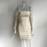 Wrapped chest skirt knitted white temperament commuter suspender high waist solid color cotton dress