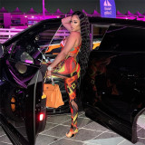 Women's new printed low cut sleeveless tight waistcoat high waist slim trousers suit
