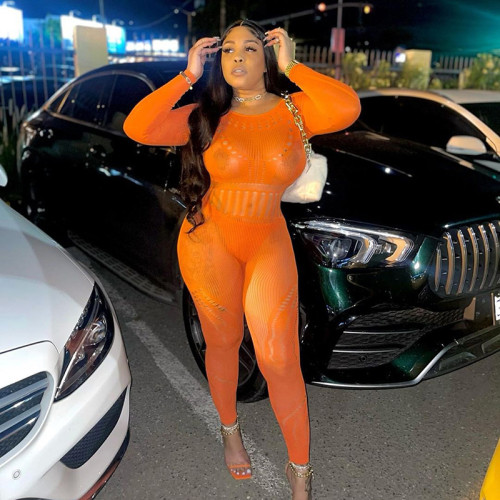 Long sleeve sexy mesh perspective hollow solid color high waist tight casual jumpsuit