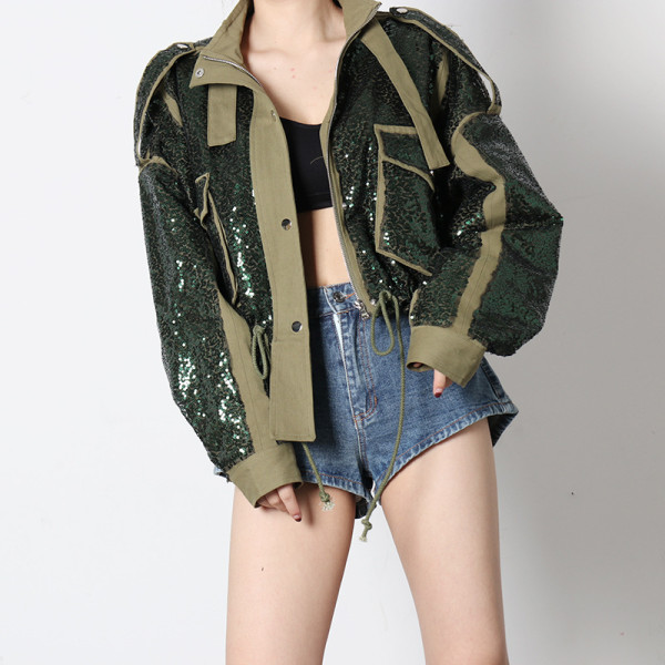 Fashion Symmetric Pocket Heavy Worksuit Body Sequins Hem Drawstring Long Sleeve Coat