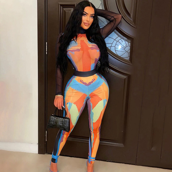 Printed slim long sleeve top high waist leggings suit
