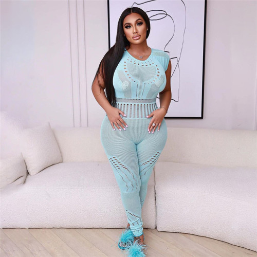 Short sleeve sexy perspective jacquard hollow solid color high waist tight casual jumpsuit
