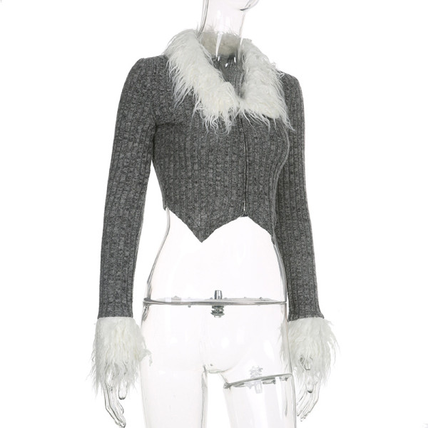 Fashionable fur stitching open navel zipper long sleeved T-shirt top