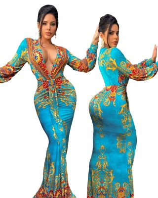Women's positioning print V-neck bodice sexy slim dress long skirt
