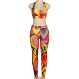 Women's new printed low cut sleeveless tight waistcoat high waist slim trousers suit