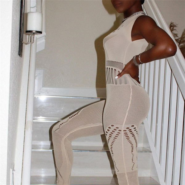 Short sleeve sexy perspective jacquard hollow solid color high waist tight casual jumpsuit