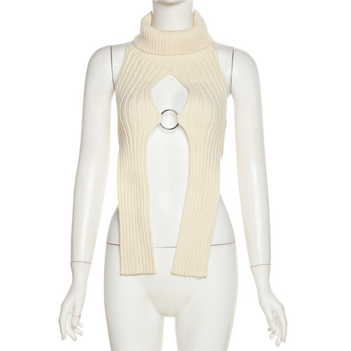 Knitted hollow sleeveless solid color slim casual top