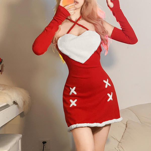 Christmas Women's Solid Long Sleeve Coat Fashion Neck Dress Set