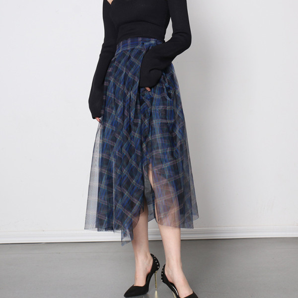 Fashionable High Waist Blue Plaid Mesh Skirt Multi layered Versatile A-line Skirt