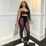 Sexy mesh perspective flocking high waist tight fitting leggings