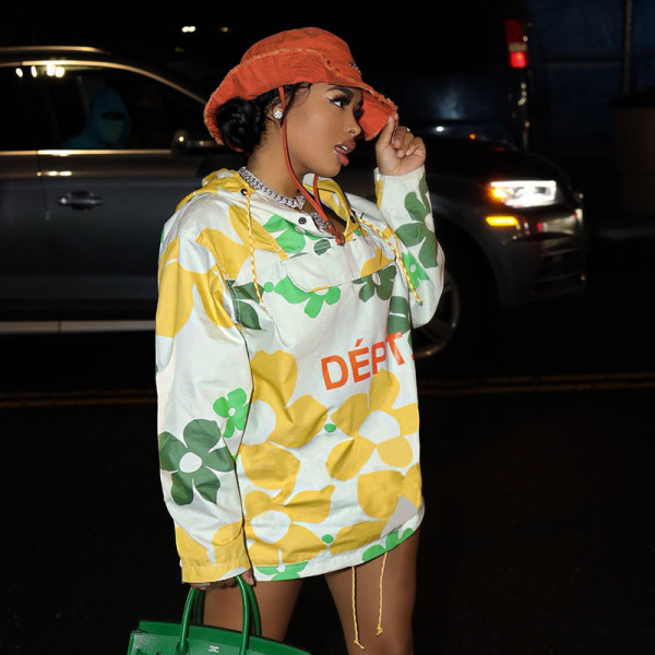 Fashion street printed hooded long sleeve top coat