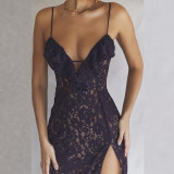 Deep V suspender dress sleeveless slit elegant style dress