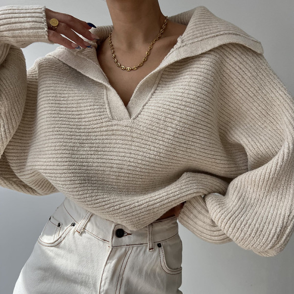 Casual Slouchy Lapel Loose Lantern Sleeve Short Sweater