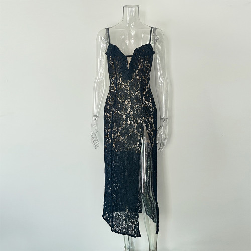 Deep V suspender dress sleeveless slit elegant style dress