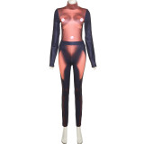 Fashion printed slim round neck top high waist leggings suit