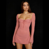 Long sleeved solid color with high waist square neck short skirt Wrapping chest style Commuter pink waist closing dress