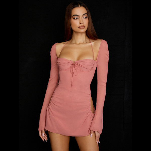 Long sleeved solid color with high waist square neck short skirt Wrapping chest style Commuter pink waist closing dress