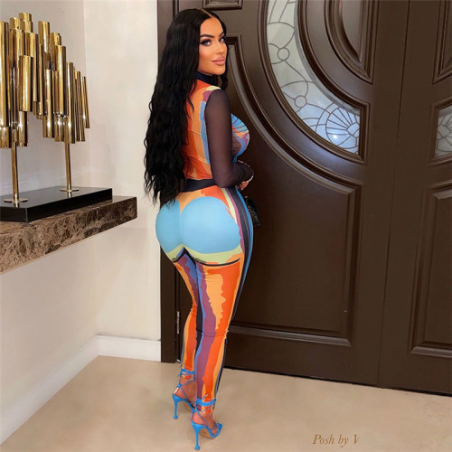 Printed slim long sleeve top high waist leggings suit