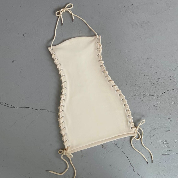 Wrapped chest skirt knitted white temperament commuter suspender high waist solid color cotton dress